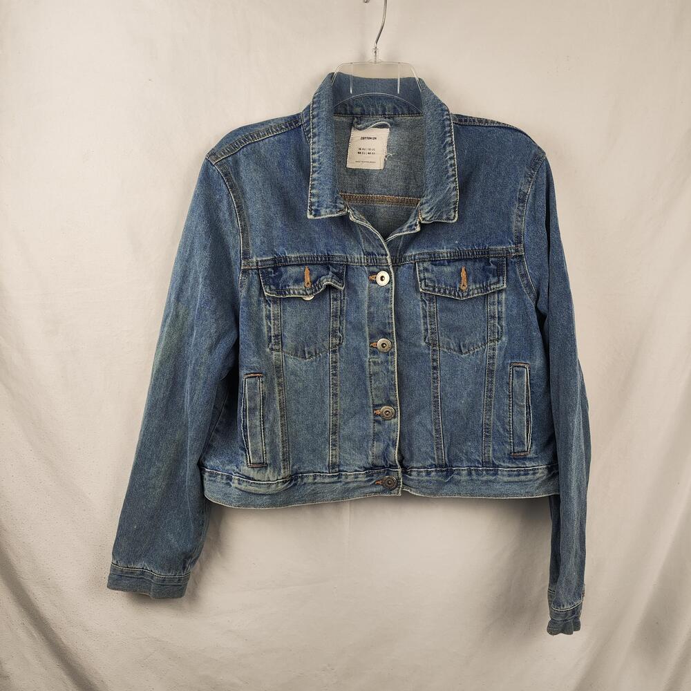 Cotton On Denim Jacket Womens 12 Blue Cropped Jean Trucker Button Front Pockets